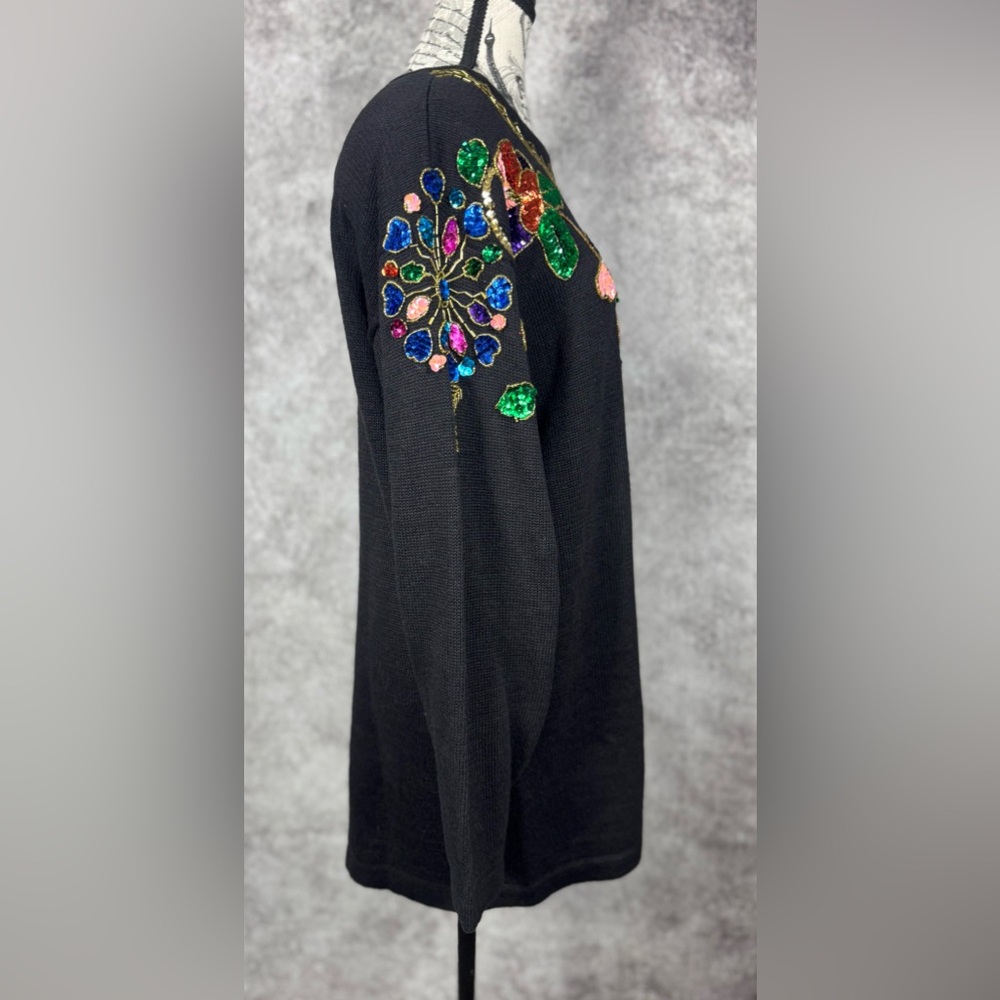 Vintage SML Sport Embellished Tunic Sweater M | Artwear Jewel Tone Beaded Floral - Picture 4 of 12